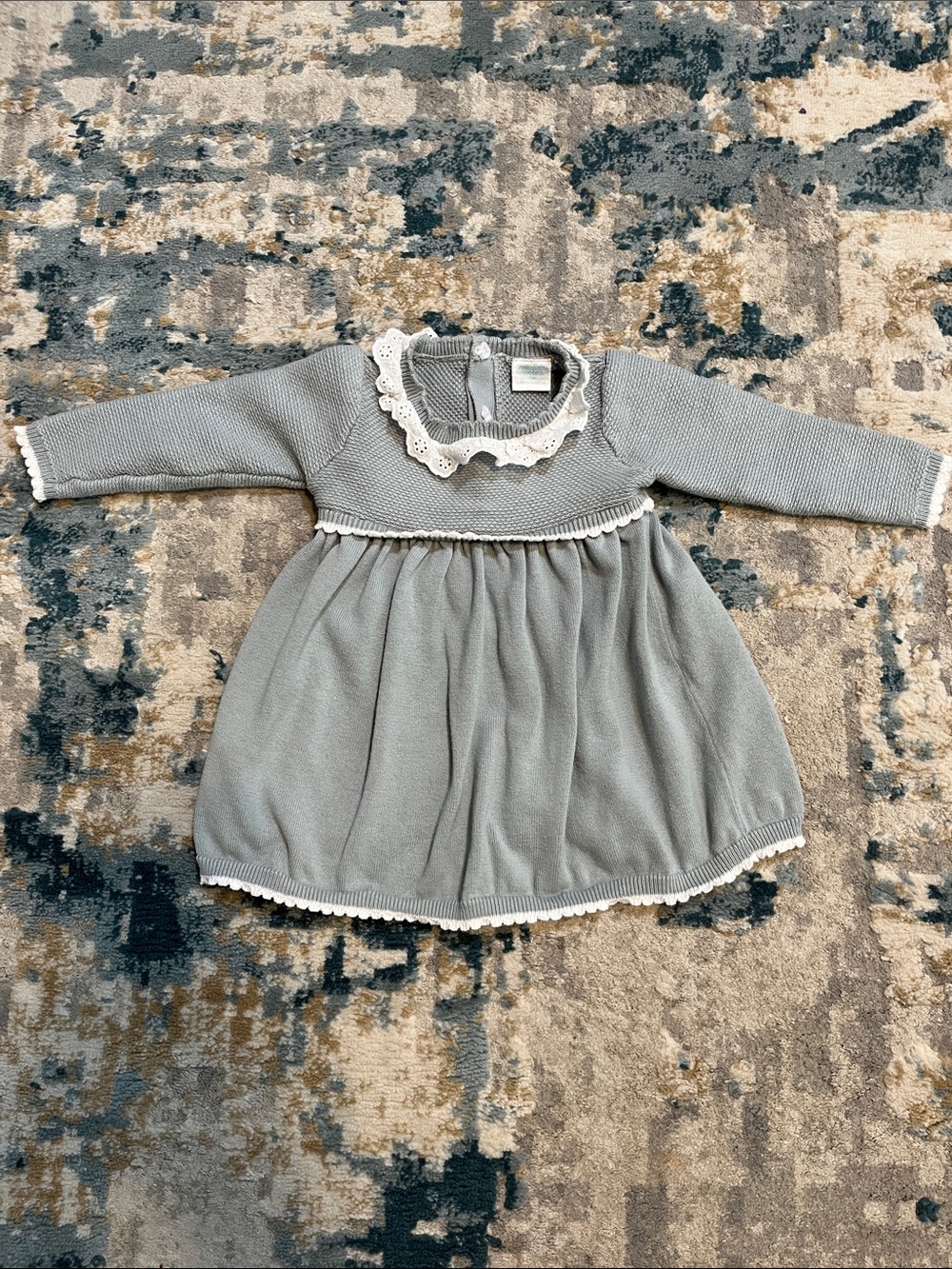 Edgehill Collection Light Gray Knit Dress with Lace Collar 9M Quality